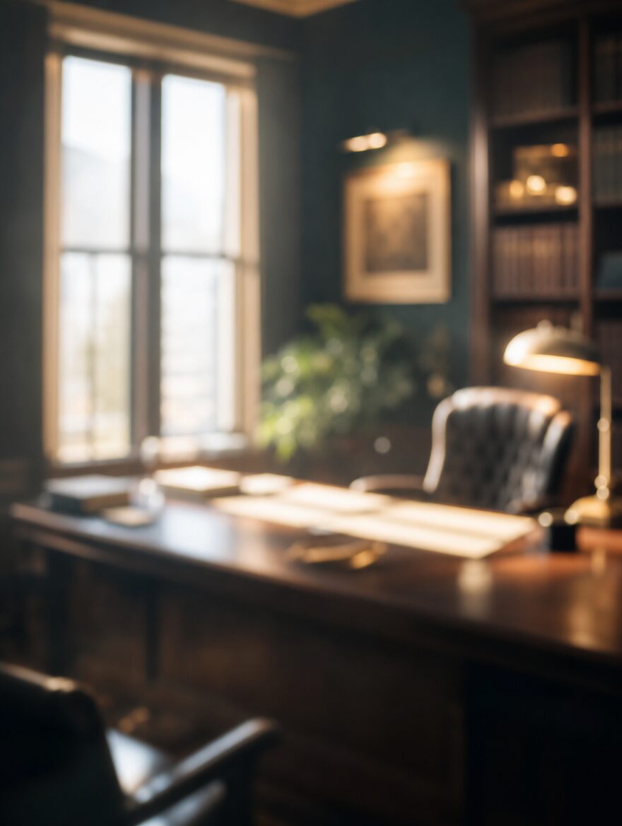 Soft-focus solicitors' office in warm light