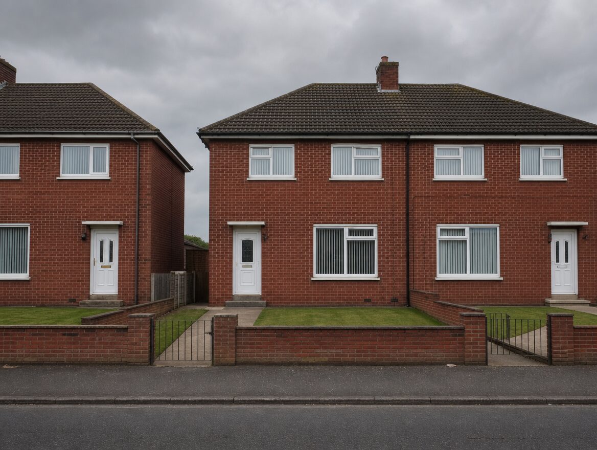 Brick council estate flats with communal gardens and walkways