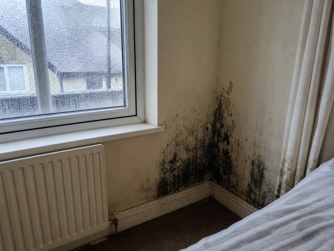 Black mould spreading across a bedroom wall beside the window