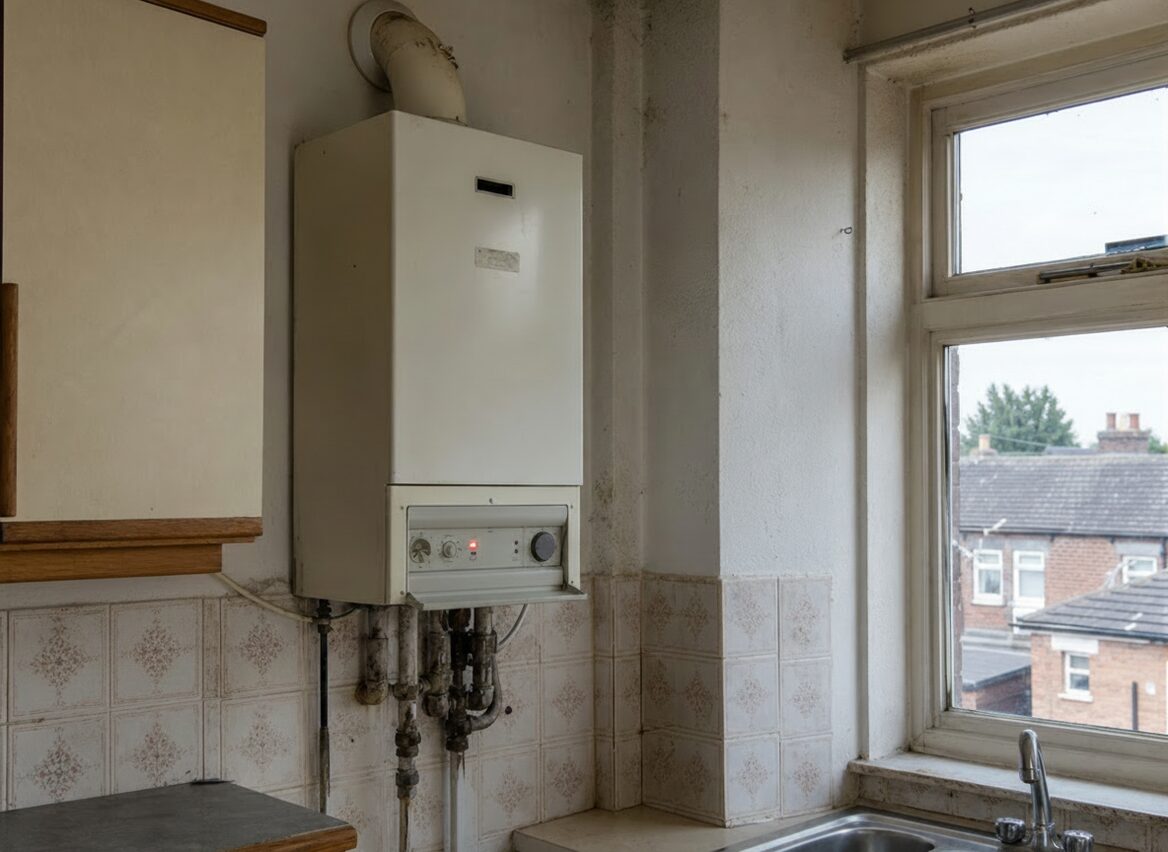 Old wall-mounted boiler in a dated rented kitchen