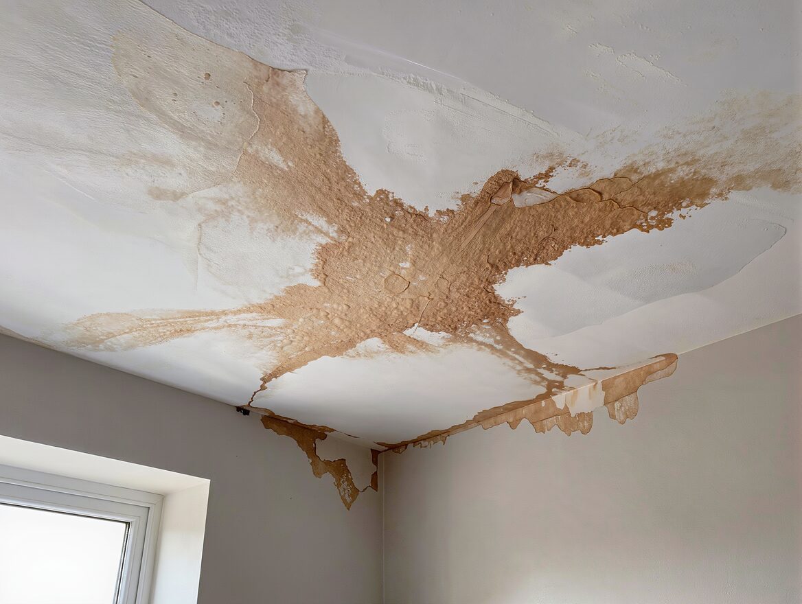 Brown water stain from a leak spreading across a bedroom ceiling
