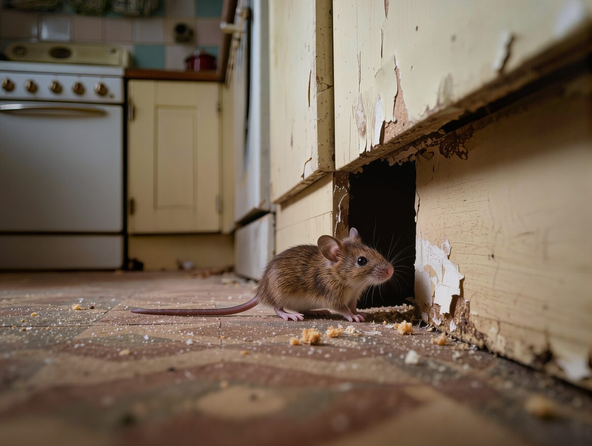 Mouse beside a hole in a kitchen kickboard