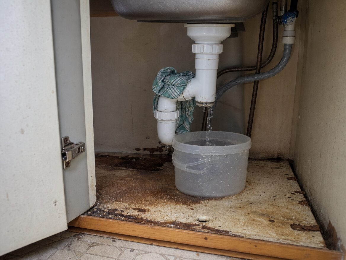 Leaking waste pipe dripping into a bucket under a kitchen sink