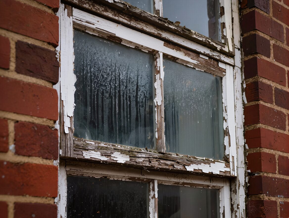 Rotten wooden window frame with flaking paint and condensation